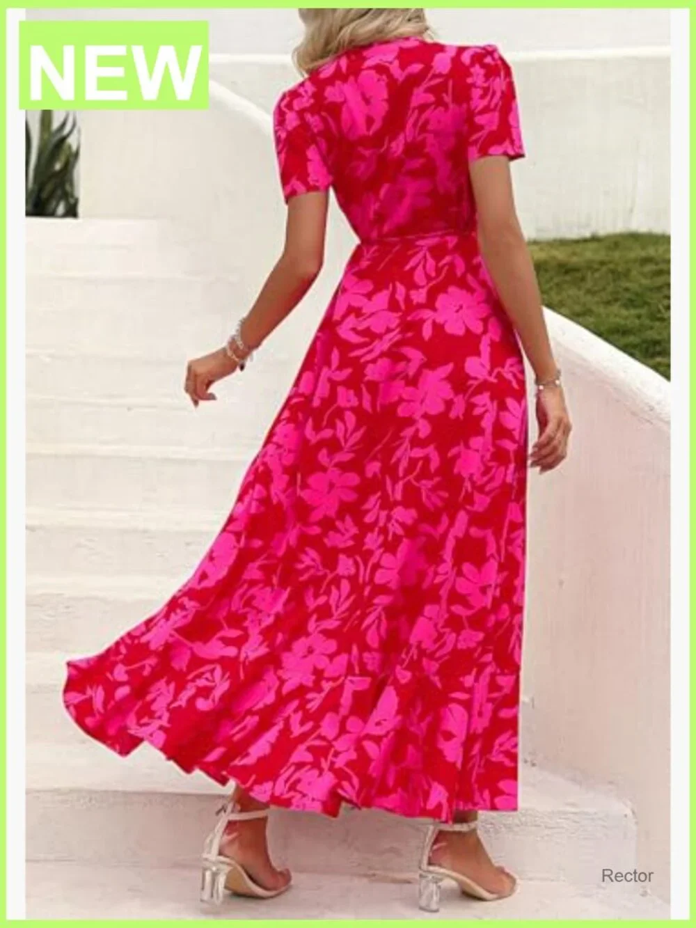 Boho Floral Maxi Dress Short Sleeve Wrap V Neck Long Flowy Beach Vacation - Picture 5 of 7